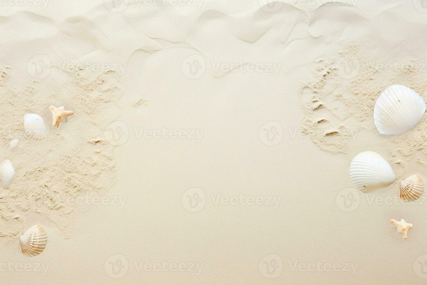 AI generated Sandy beach texture with seashells and footprints. Texture, background, pattern photo