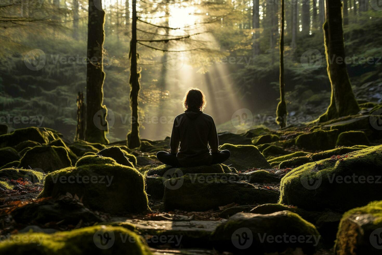 AI generated Man sits cross-legged on moss-covered rock surrounded by tall trees, practices meditation as morning sun filters through foliage photo