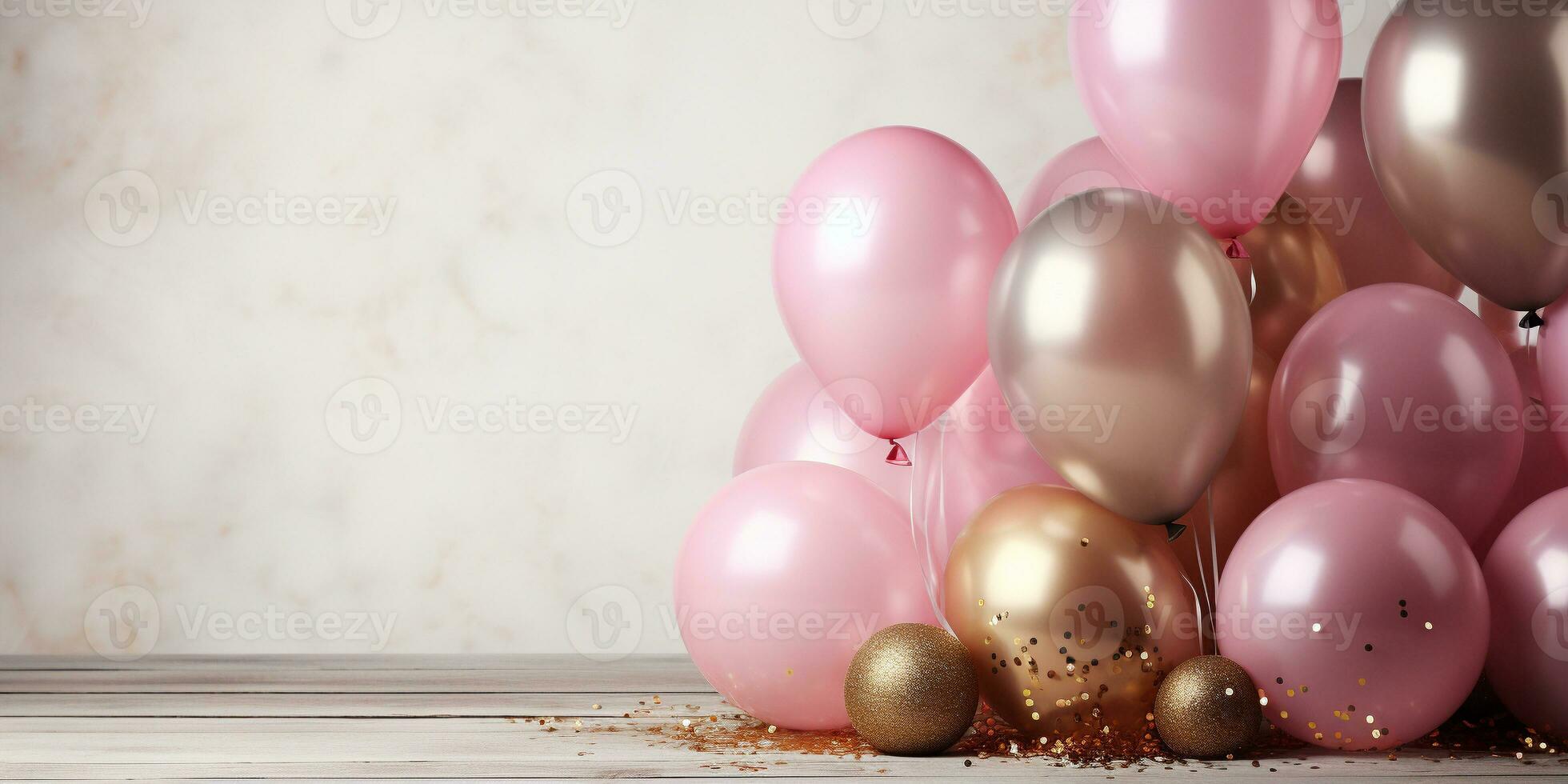 ai generado cumpleaños fiesta bandera rosado y oro composición con globos, papel picado, concepto tarjeta de regalo, Copiar espacio, blanco antecedentes foto