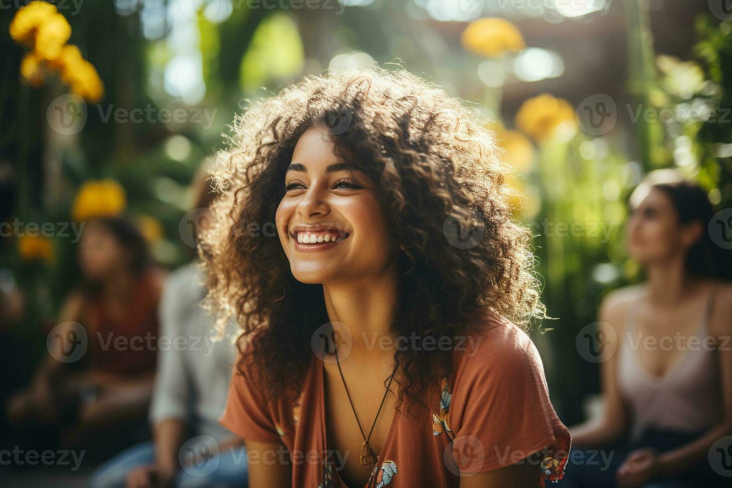 AI generated Happy smiling girl sitting with friends after yoga class, combining mindfulness with joyful laughter practice photo