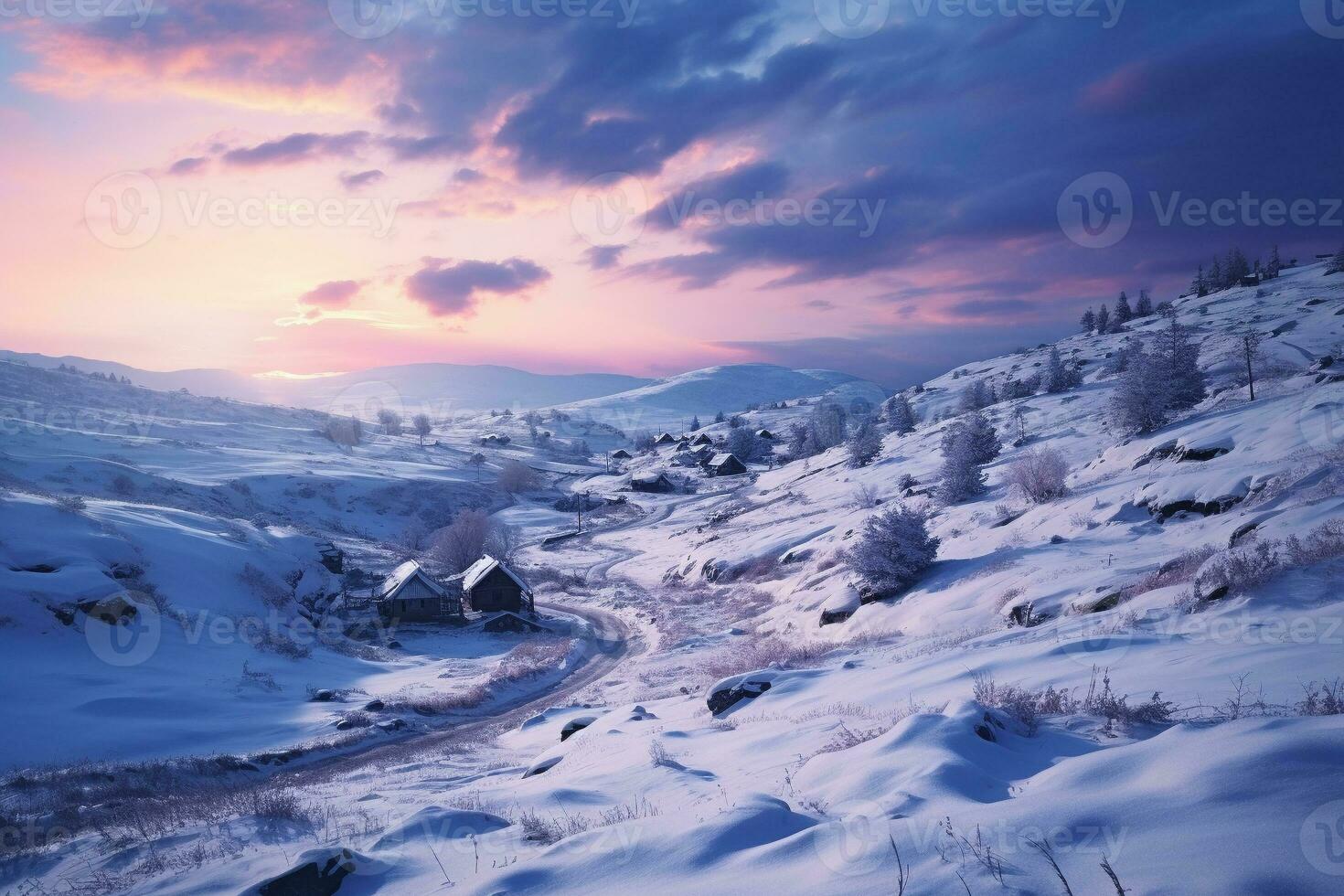 AI generated Mountain trekking among a snowy winter landscape. Snow-covered mountains on the horizon. Pastel sunset sky with fluffy clouds photo