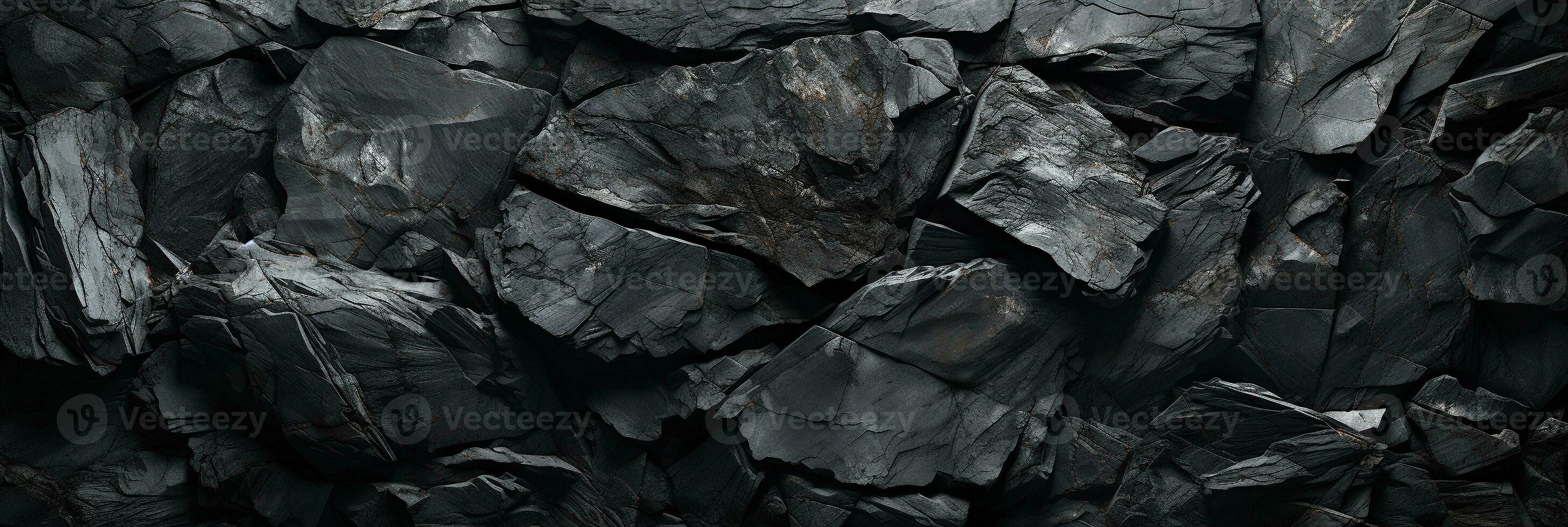 AI generated Black stone texture with cracks. Wide grunge panoramic abstract natural volumetric dark gray rock background with copy space photo