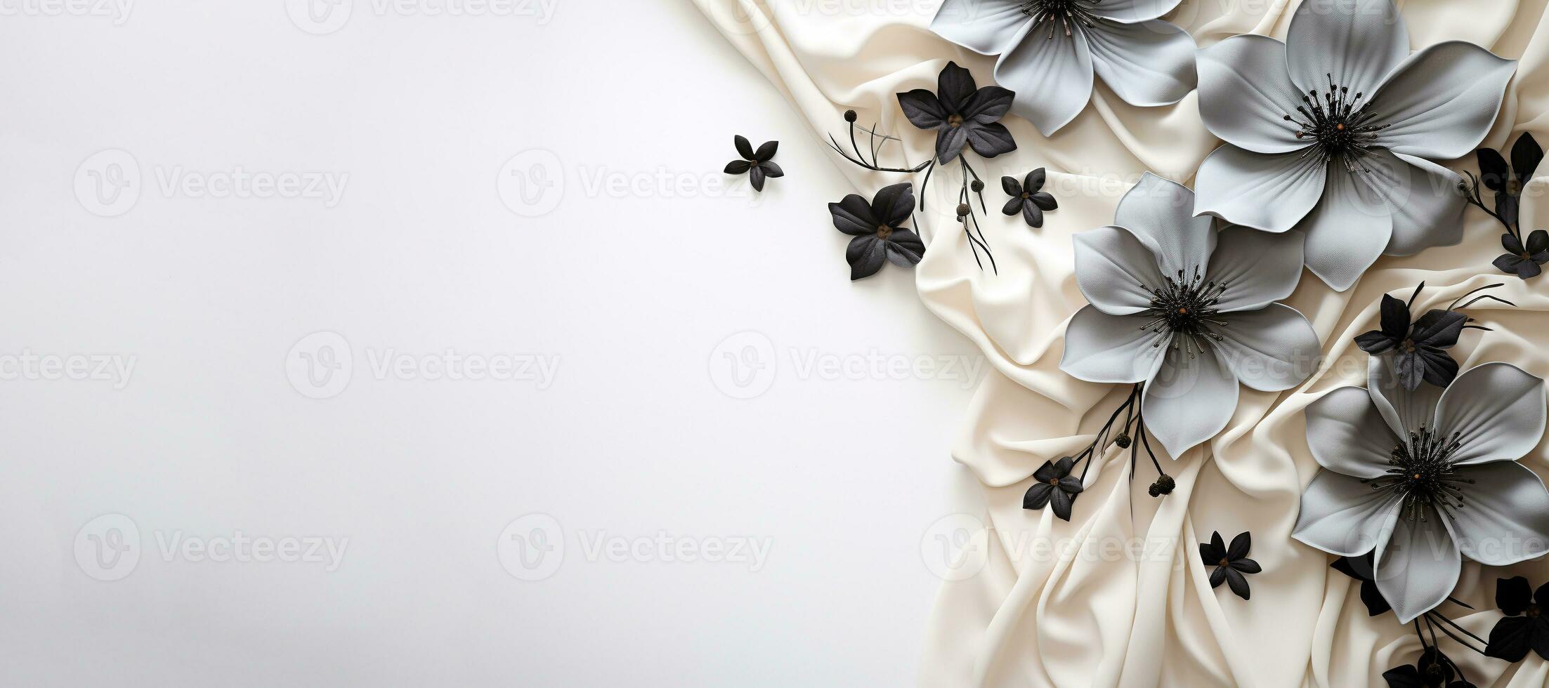 AI generated Mockup image close up flowers and silk on white fabric background. Banner, card, invitation and branding design concept photo