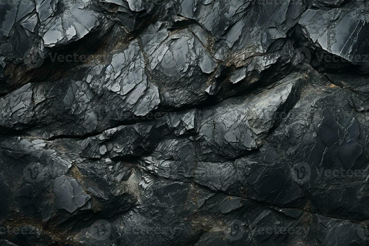 AI generated Black stone texture with cracks. Abstract natural volumetric dark gray rock background with copy space. Grunge modern surface for banner design photo