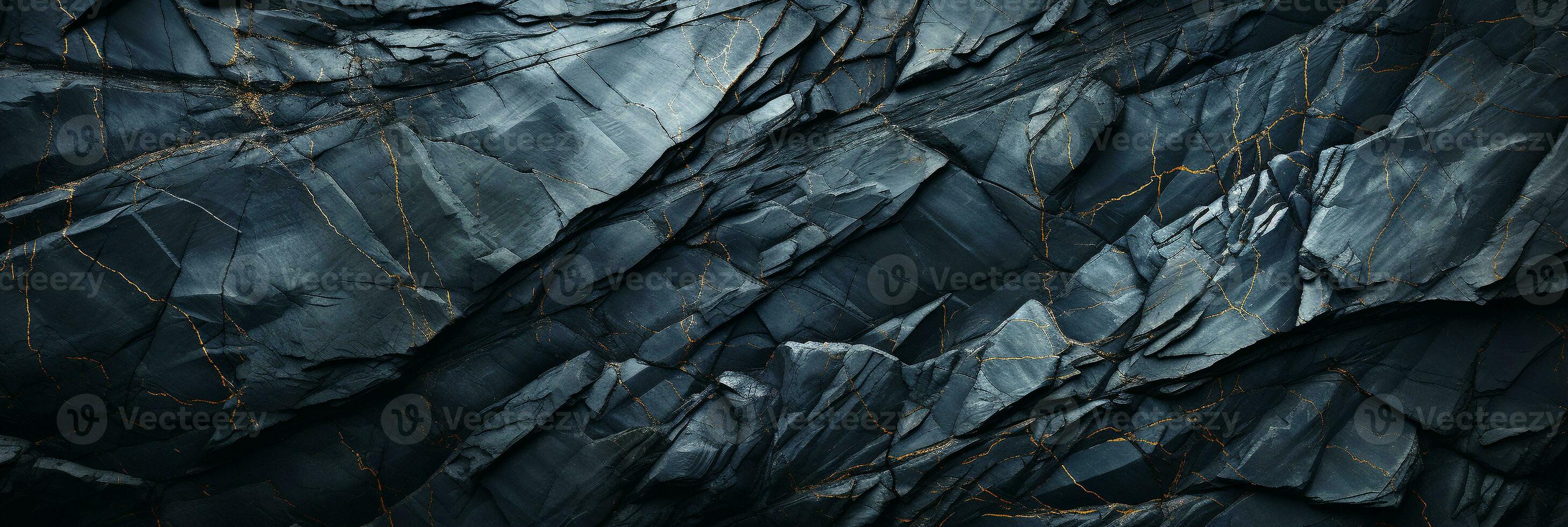 AI generated Black stone texture with gold veins. Wide panoramic abstract natural volumetric dark gray rock background with copy space. Grunge modern surface for banner design photo
