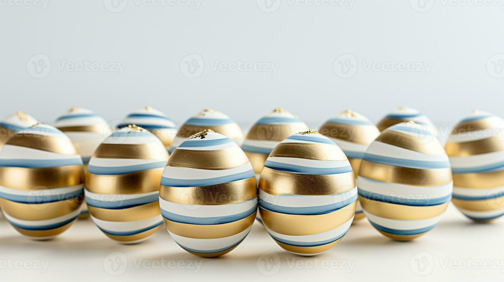 AI generated White, blue and gold colored easter eggs on white background. Minimalistic mockup for congratulations. Happy Easter concept photo