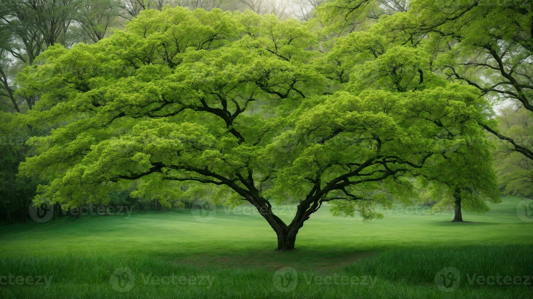 AI generated Delve into the seasonal changes that affect the absolute green tree, elucidating the nuances of its appearance during spring, summer, autumn, and winter. photo