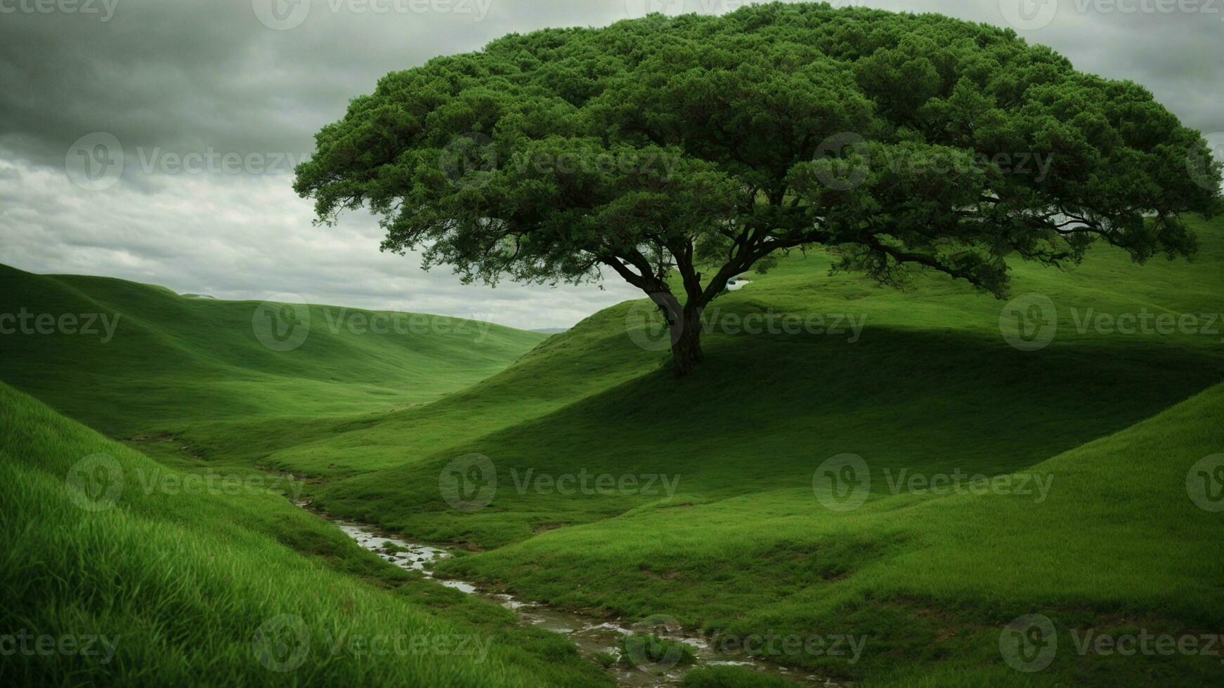 AI generated Analyze the geological and geographical factors influencing the growth patterns of the green tree, taking into account soil composition, elevation, and proximity to water sources. photo