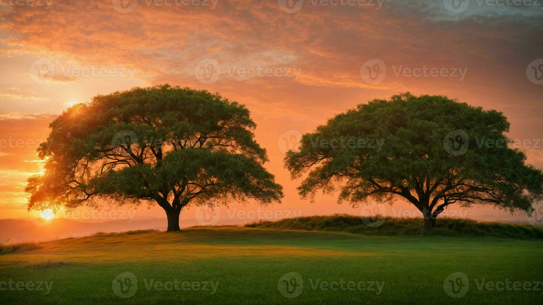 AI generated Envision a magical moment during sunrise green tree nature background. photo