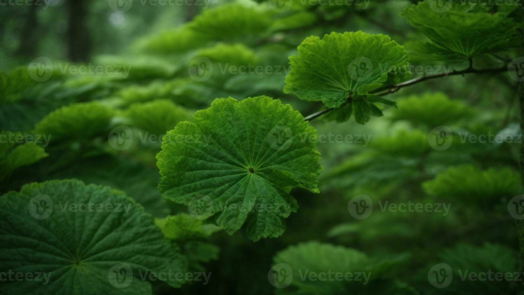 AI generated Detail the evolution of the unique flora in this environment, emphasizing the adaptive strategies that have allowed certain trees to thrive in this specific shade of green. photo