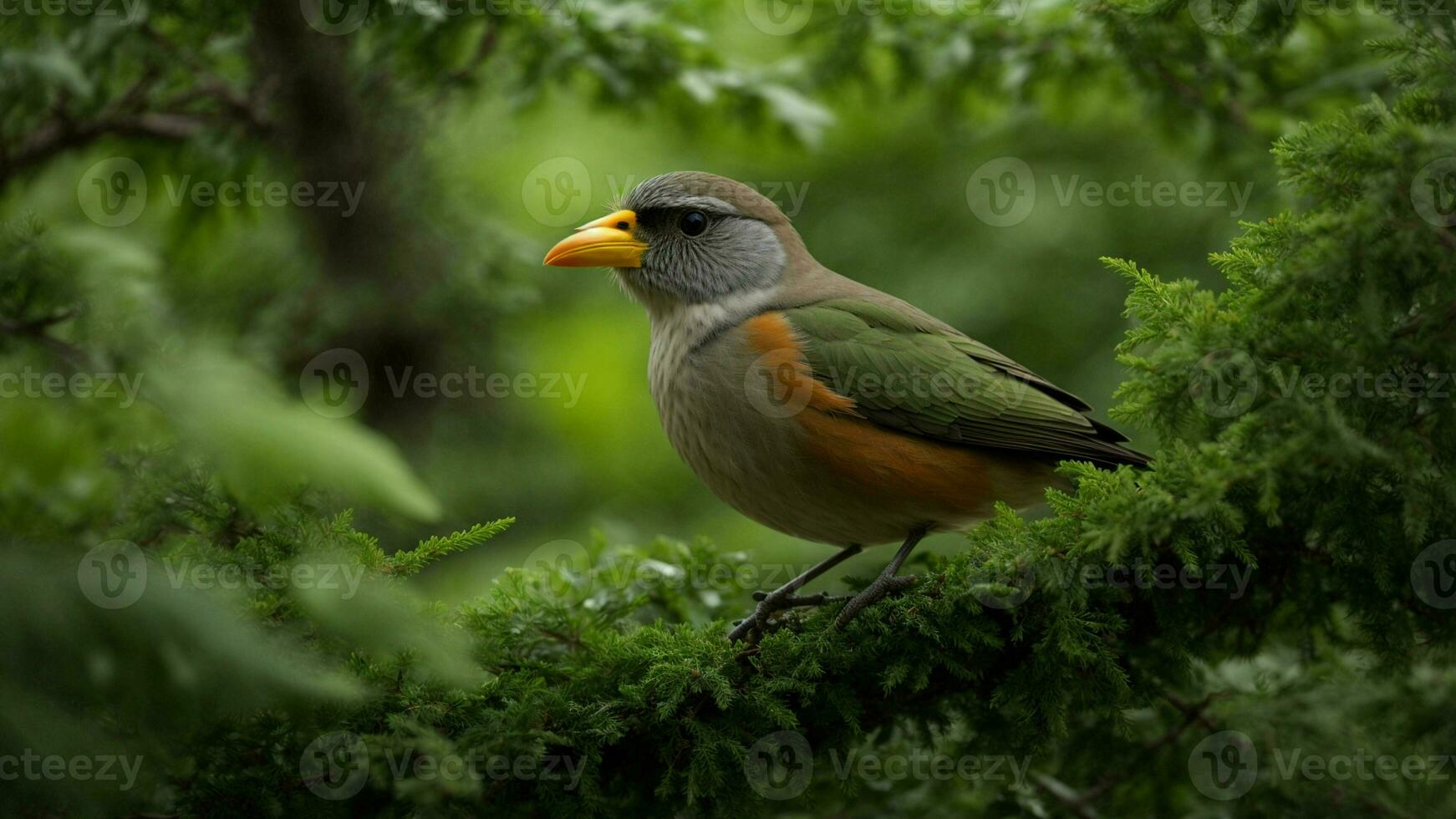 AI generated Analyze the physiological adaptations of the birds in the absolute green tree environment, focusing on aspects such as beak shape, feather structure, and nesting habits. photo