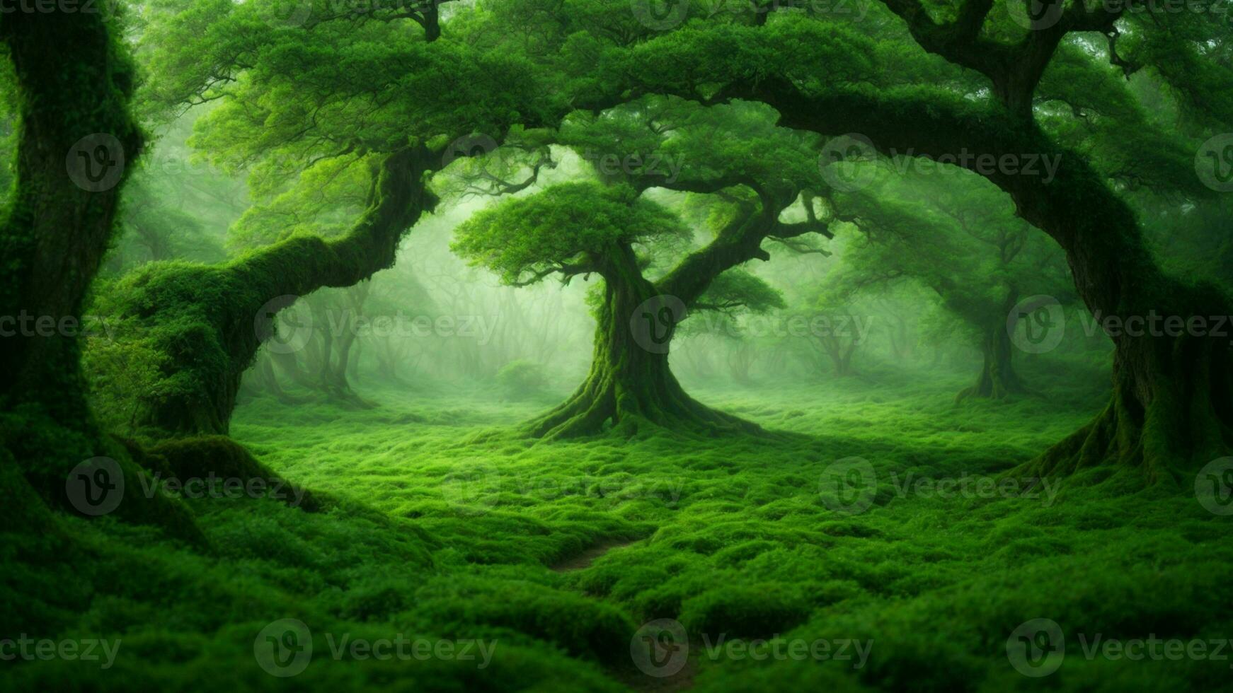 AI generated Develop a fictional ecosystem within this absolute green tree nature background, incorporating mythical or fantastical elements that challenge conventional understanding. photo