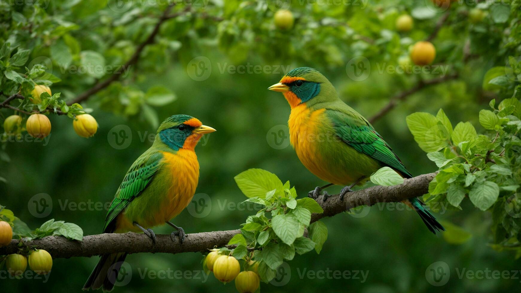 AI generated Examine the impact of climate change on the absolute green tree nature background and its cascading effects on the behavior, reproduction, and survival of the colorful birds. photo