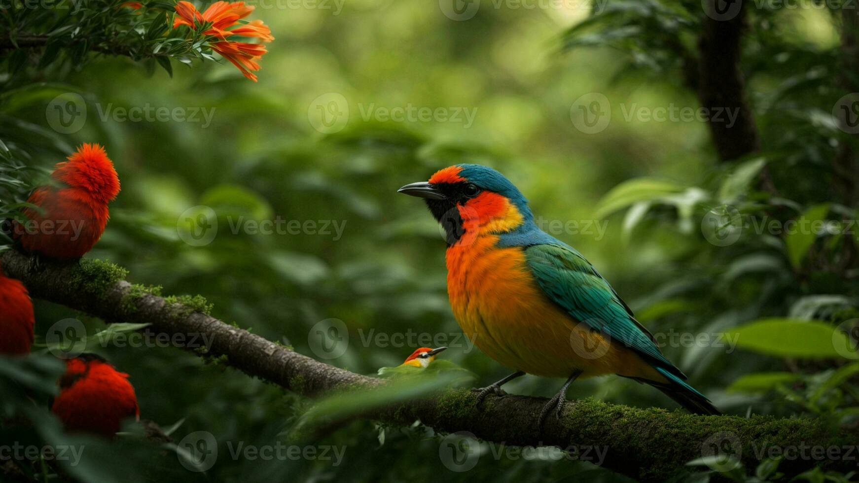 AI generated Illustrate the symbiotic relationship between a specific species of colorful bird and a rare type of tree in this lush green environment. photo
