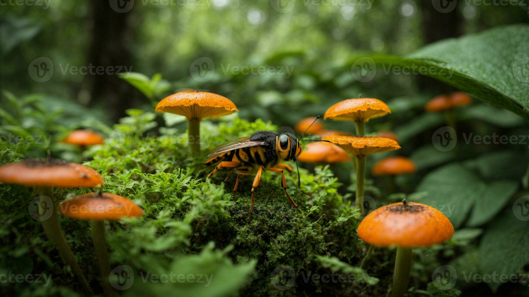 AI generated Detail the biodiversity thriving within the green tree nature background, exploring the various insect species, fungi, and microorganisms coexisting in this vibrant ecosystem. photo