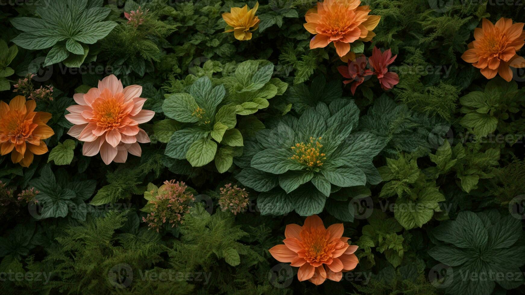 AI generated Elaborate on the specific species of flora that make up the background, highlighting their unique characteristics and contributions to the overall verdant tapestry photo