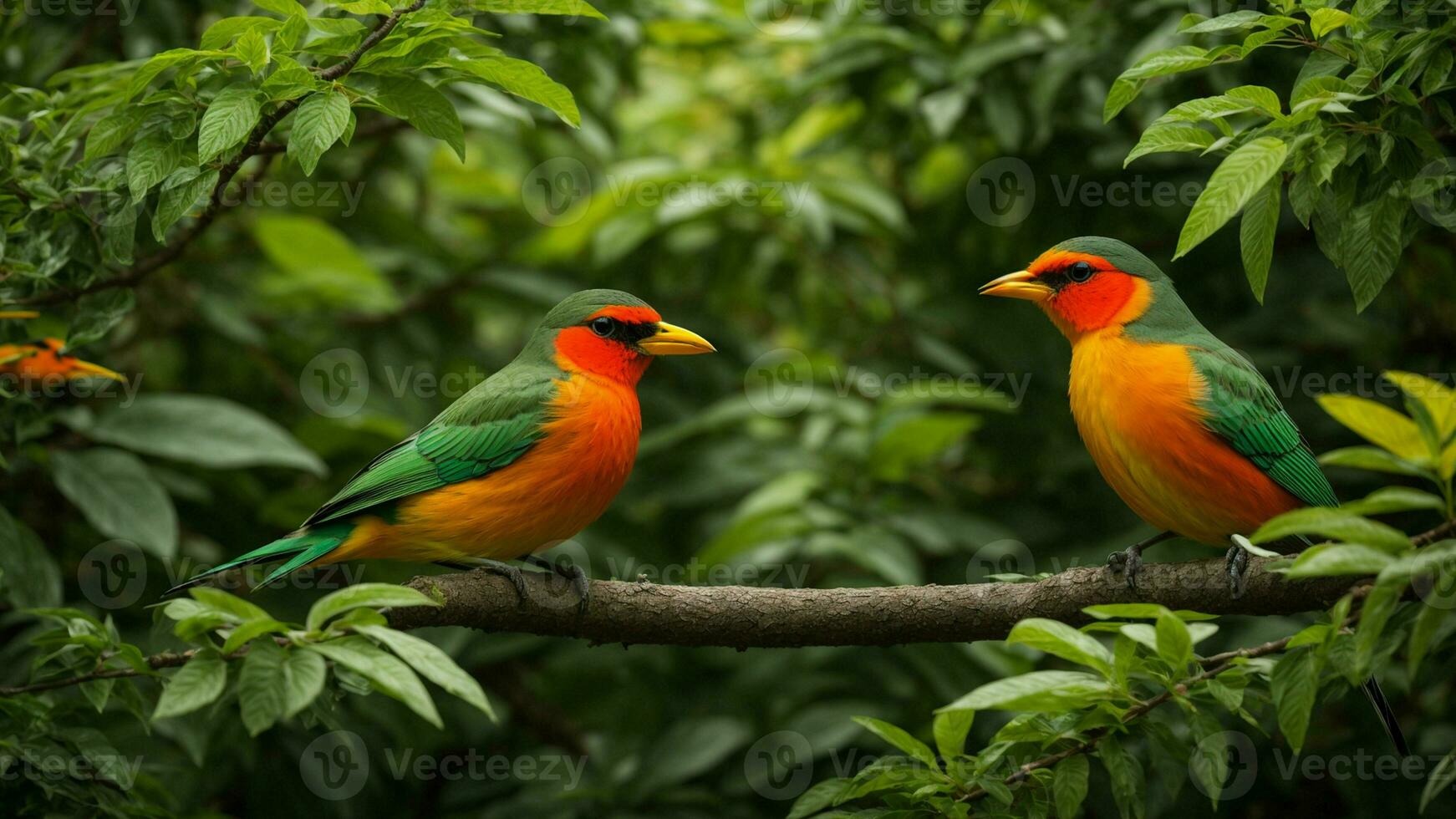 AI generated Illustrate the symbiotic relationship between a specific species of colorful bird and a rare type of tree in this lush green environment. photo