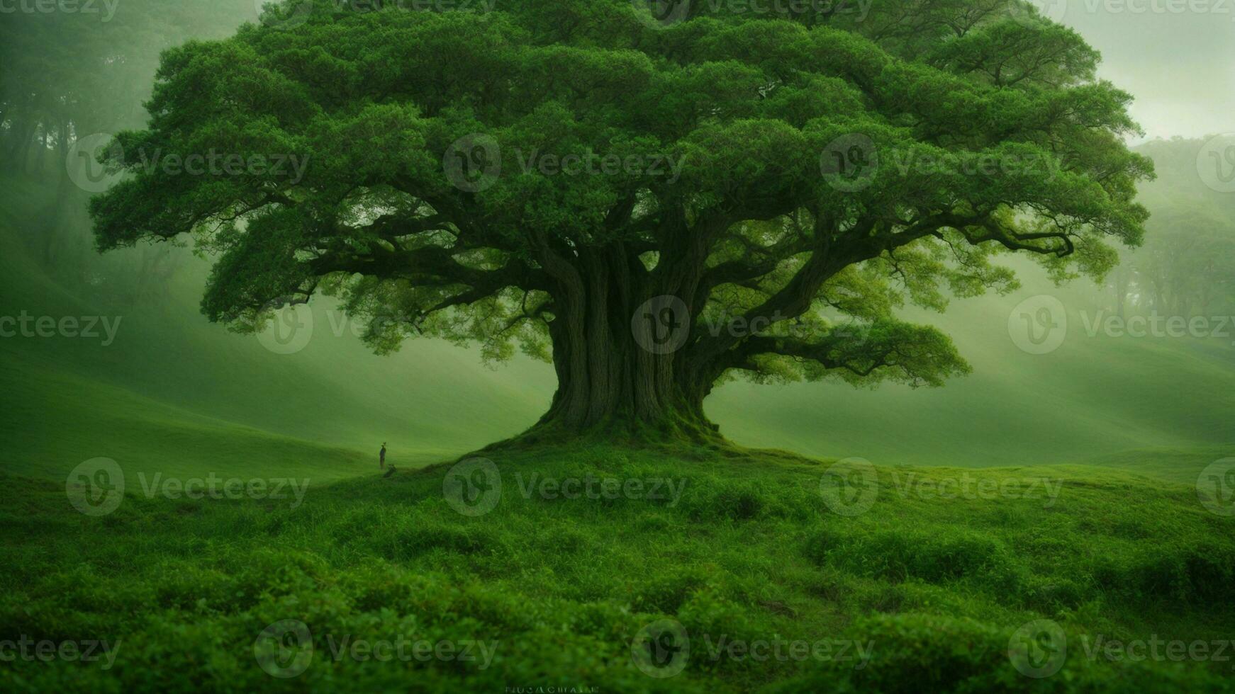 AI generated Invent a mythical backstory for the green tree, incorporating elements of folklore and fantasy to explain its extraordinary qualities and significance in the natural world. photo