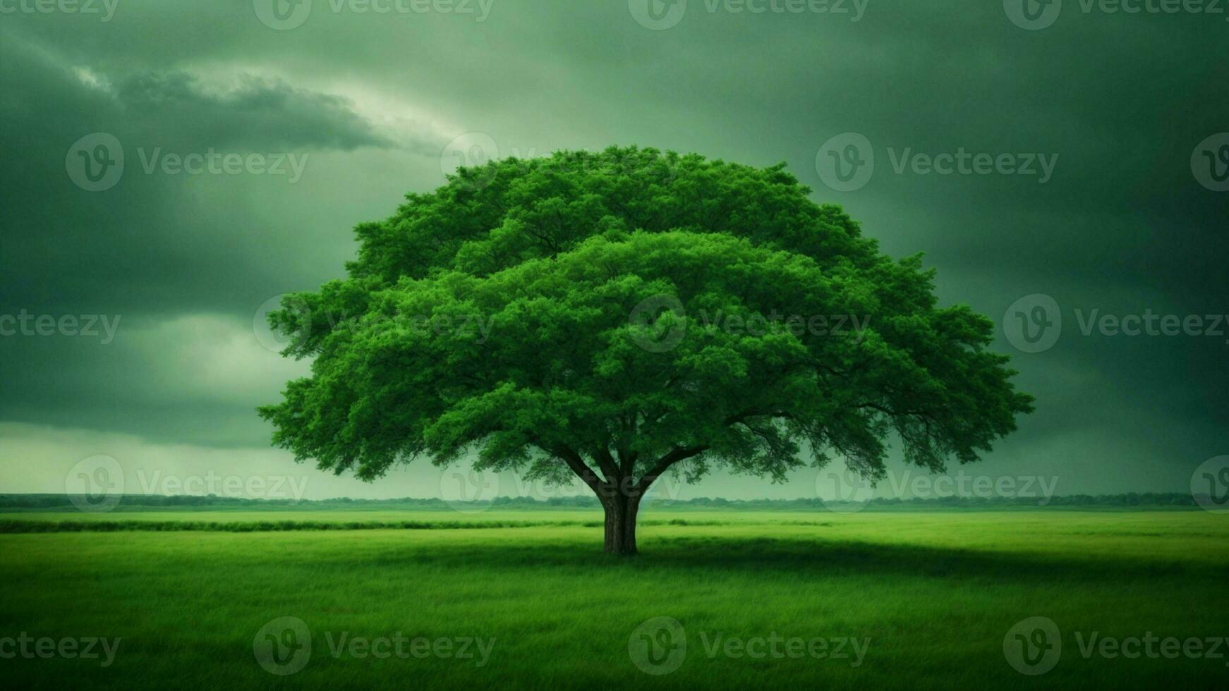 AI generated Describe a day of extreme weather in this absolute green tree nature background, exploring how the ecosystem copes with challenges such as storms, floods, or droughts. photo