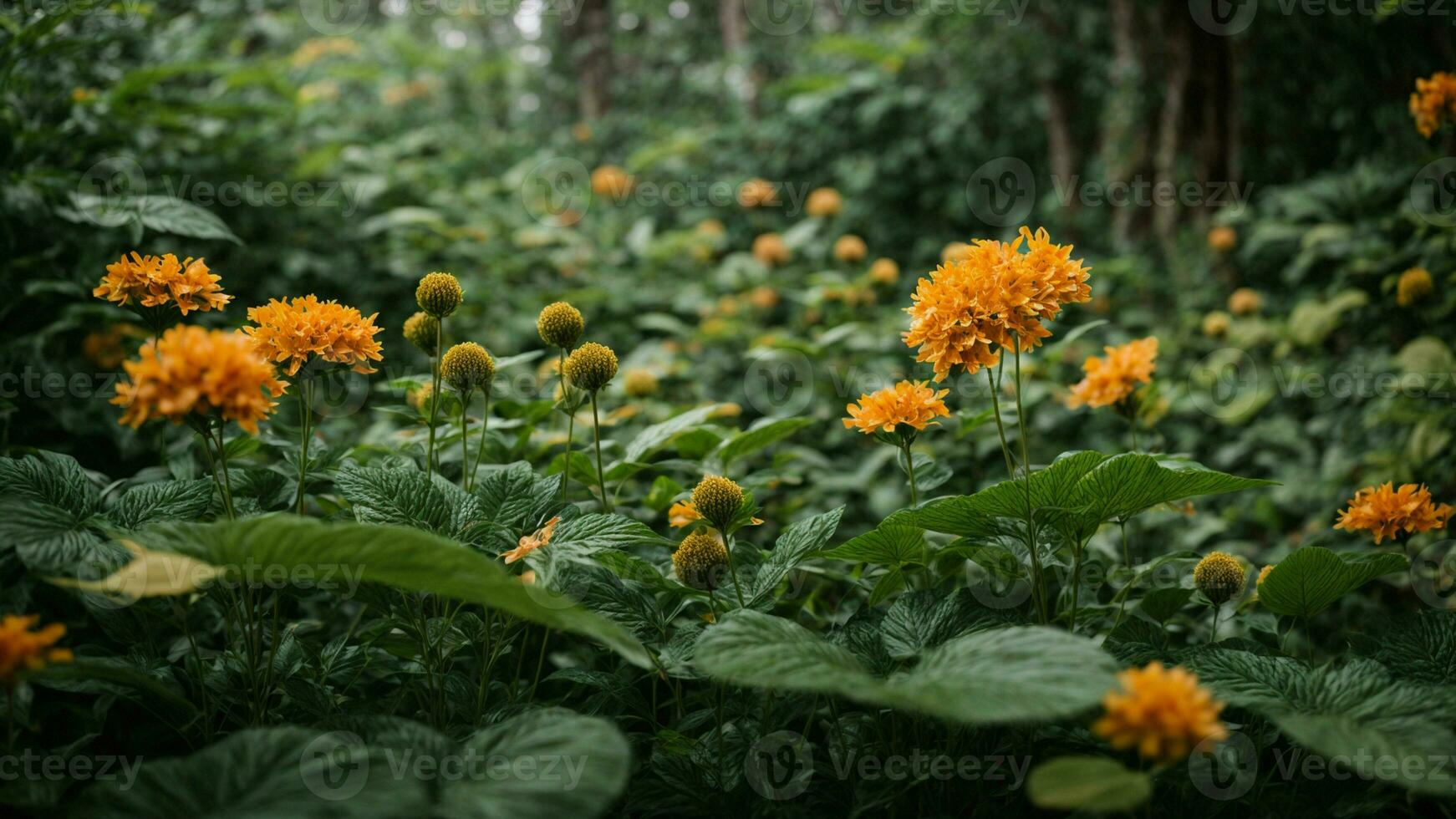 AI generated Elaborate on the specific species of flora that make up the background, highlighting their unique characteristics and contributions to the overall verdant tapestry photo