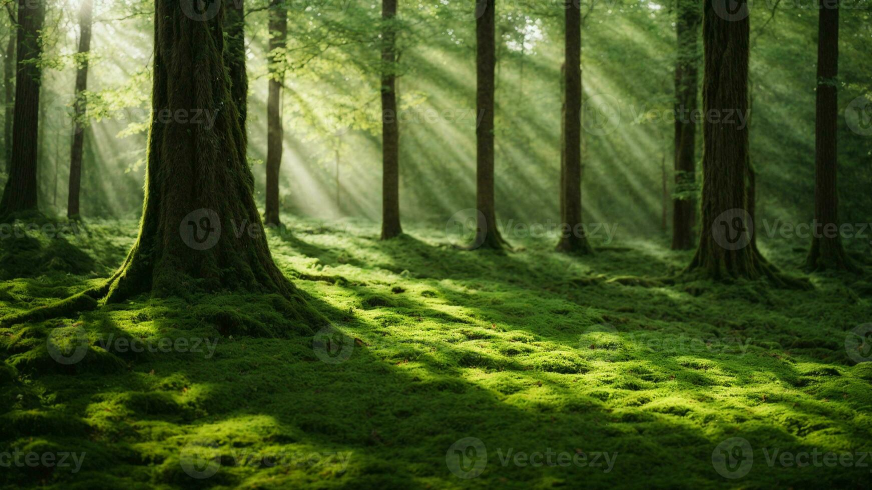 AI generated Describe the intricate interplay of sunlight filtering through the dense canopy of an absolute green tree nature background, casting dappled shadows on the forest floor, where photo