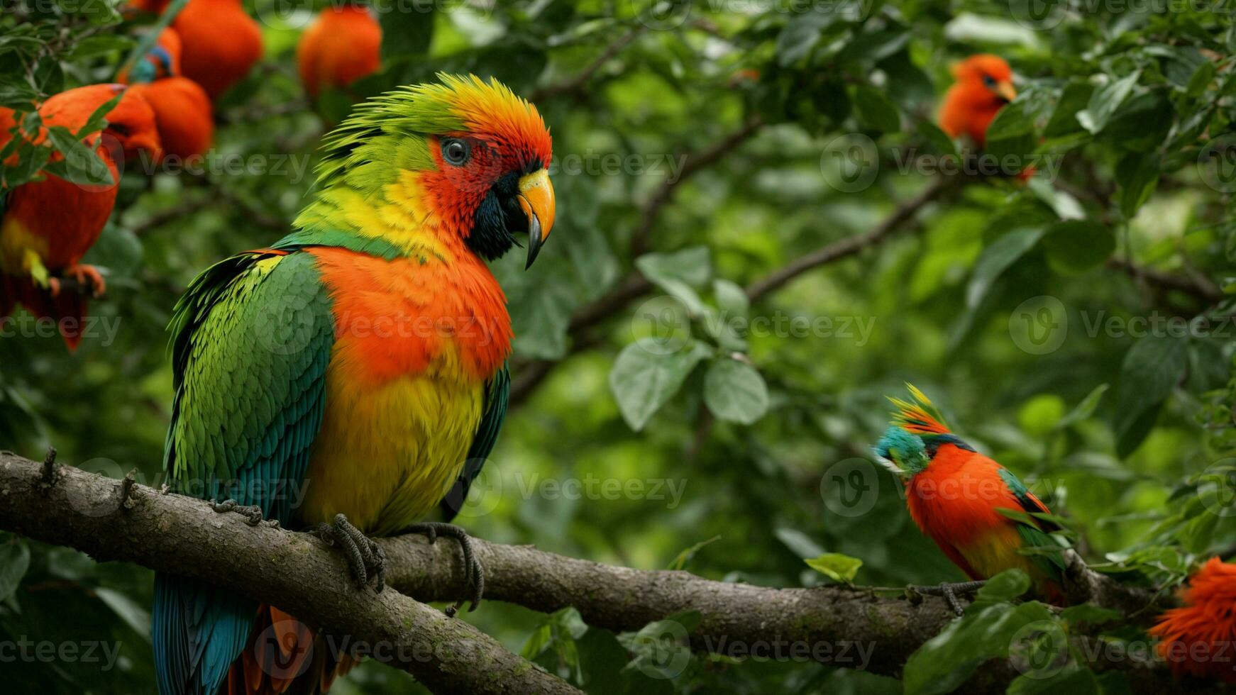 AI generated Investigate the unique adaptations of the colorful birds inhabiting the absolute green tree, exploring their plumage, feeding habits, and distinctive vocalizations. photo