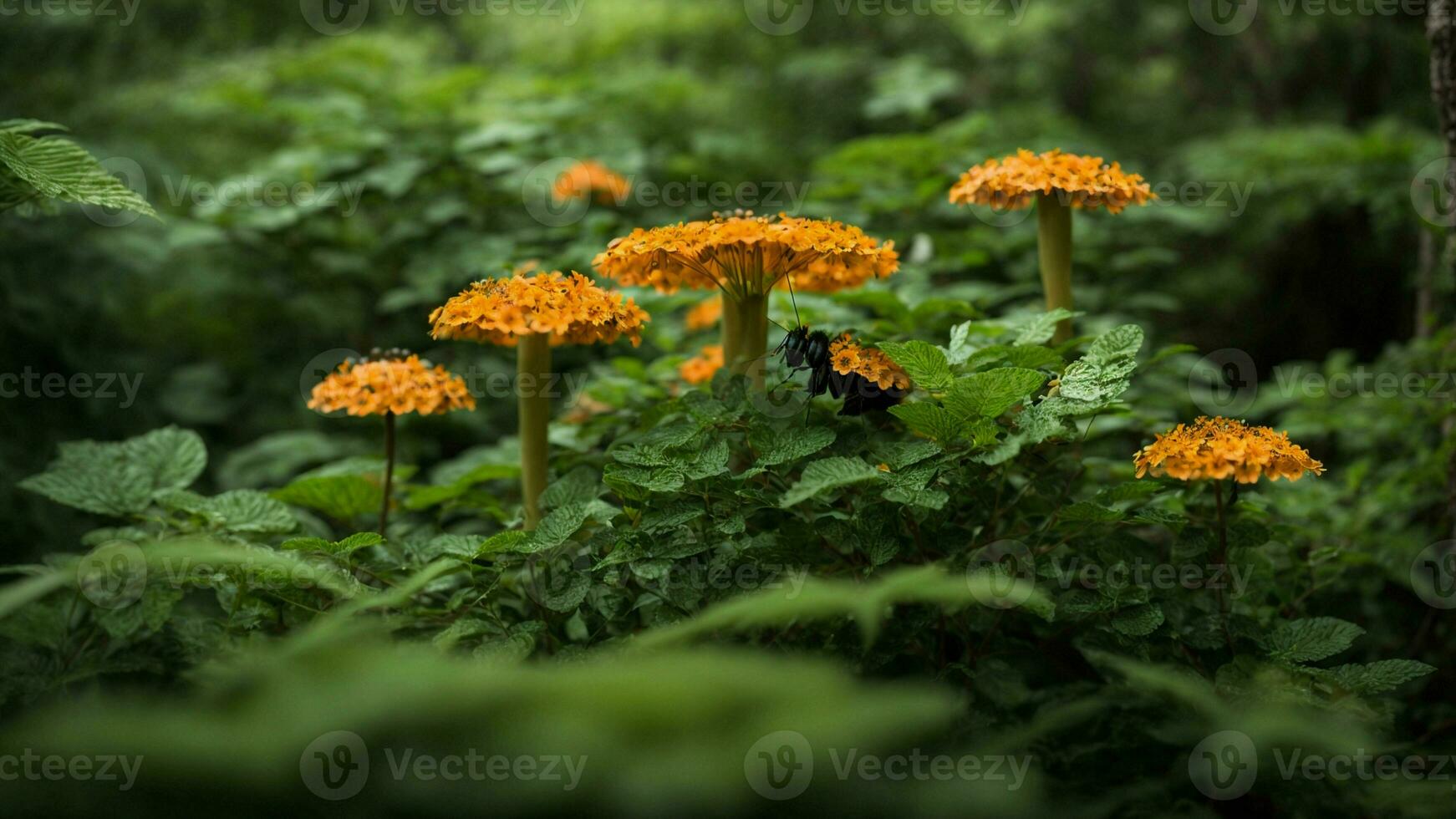 AI generated Detail the biodiversity thriving within the green tree nature background, exploring the various insect species, fungi, and microorganisms coexisting in this vibrant ecosystem. photo