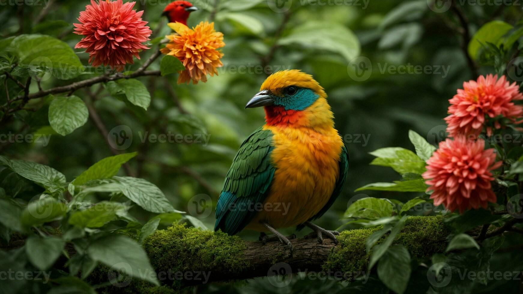 AI generated Illustrate the symbiotic relationship between a specific species of colorful bird and a rare type of tree in this lush green environment. photo