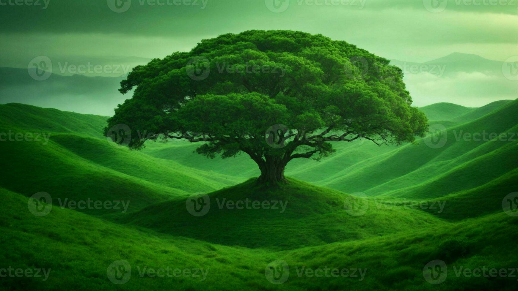 AI generated Develop a fictional ecosystem within this absolute green tree nature background, incorporating mythical or fantastical elements that challenge conventional understanding. photo