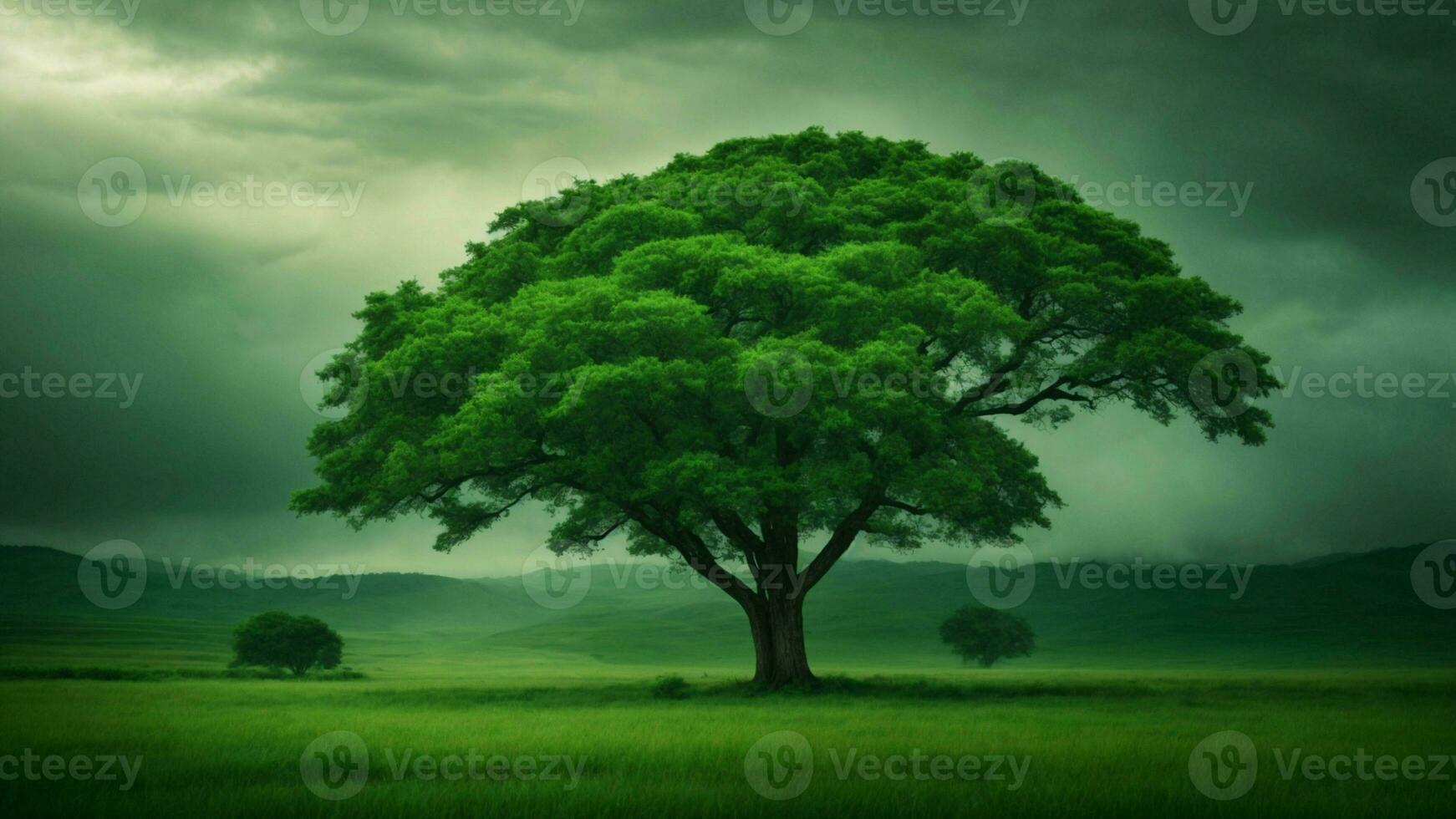 AI generated Describe a day of extreme weather in this absolute green tree nature background, exploring how the ecosystem copes with challenges such as storms, floods, or droughts. photo