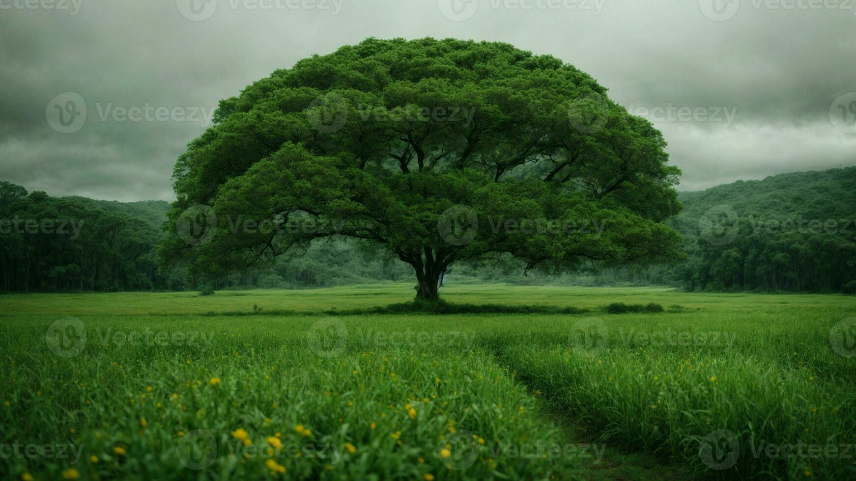 ai generado desarrollar un ficticio ecosistema dentro esta absoluto verde árbol naturaleza fondo, incorporando mítico o fantástico elementos ese desafío convencional comprensión. foto