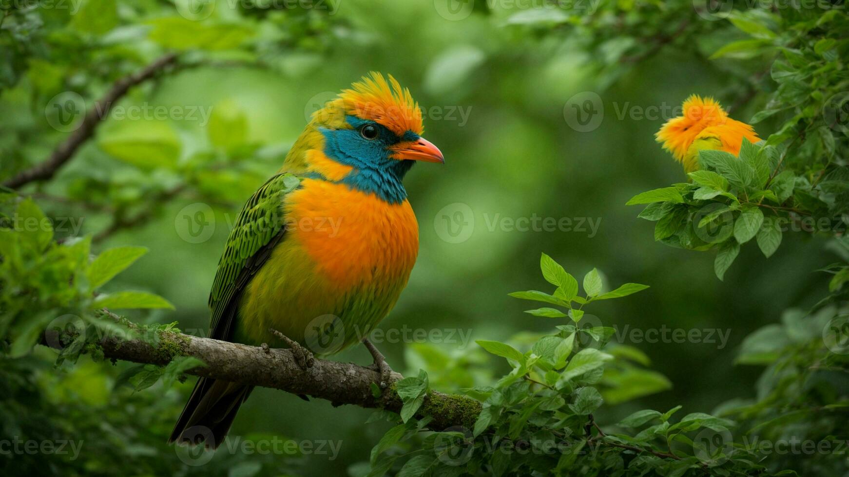 AI generated Paint a vivid picture of a rare and elusive species of bird that adds an extra layer of enchantment to the absolute green tree nature background, describing its unique photo