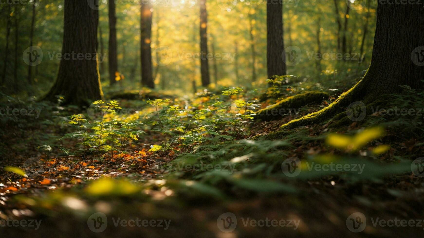 AI generated Illustrate the mesmerizing dance of sunlight filtering through the leaves, portraying the play of light and shadow on the forest floor. photo