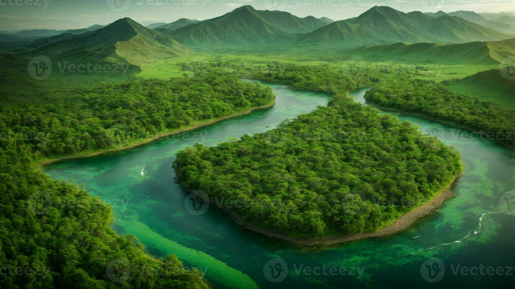 AI generated Create a detailed map or diagram of the absolute green tree nature background, labeling key features such as water sources, nesting sites, and migratory routes of the colorful birds, p photo