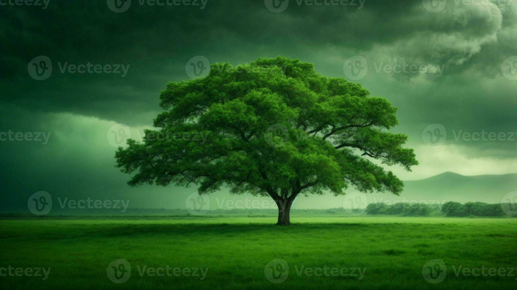 AI generated Describe a day of extreme weather in this absolute green tree nature background, exploring how the ecosystem copes with challenges such as storms, floods, or droughts. photo