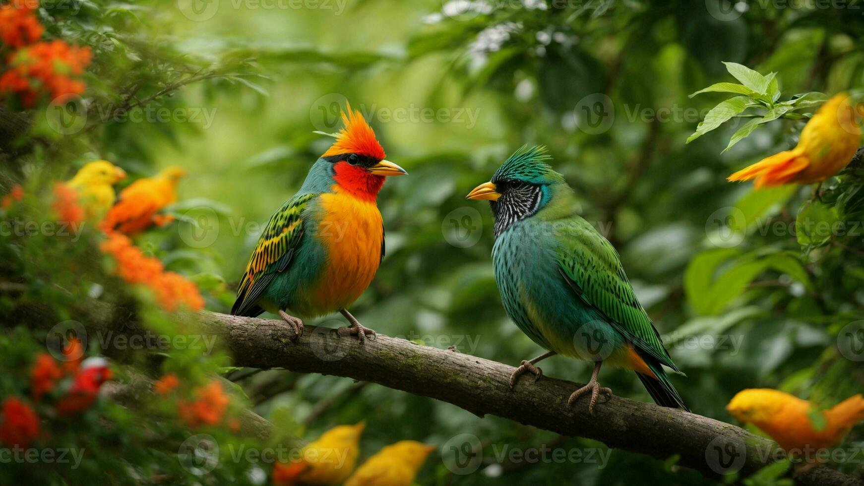 AI generated Illustrate the symbiotic relationship between a specific species of colorful bird and a rare type of tree in this lush green environment. photo