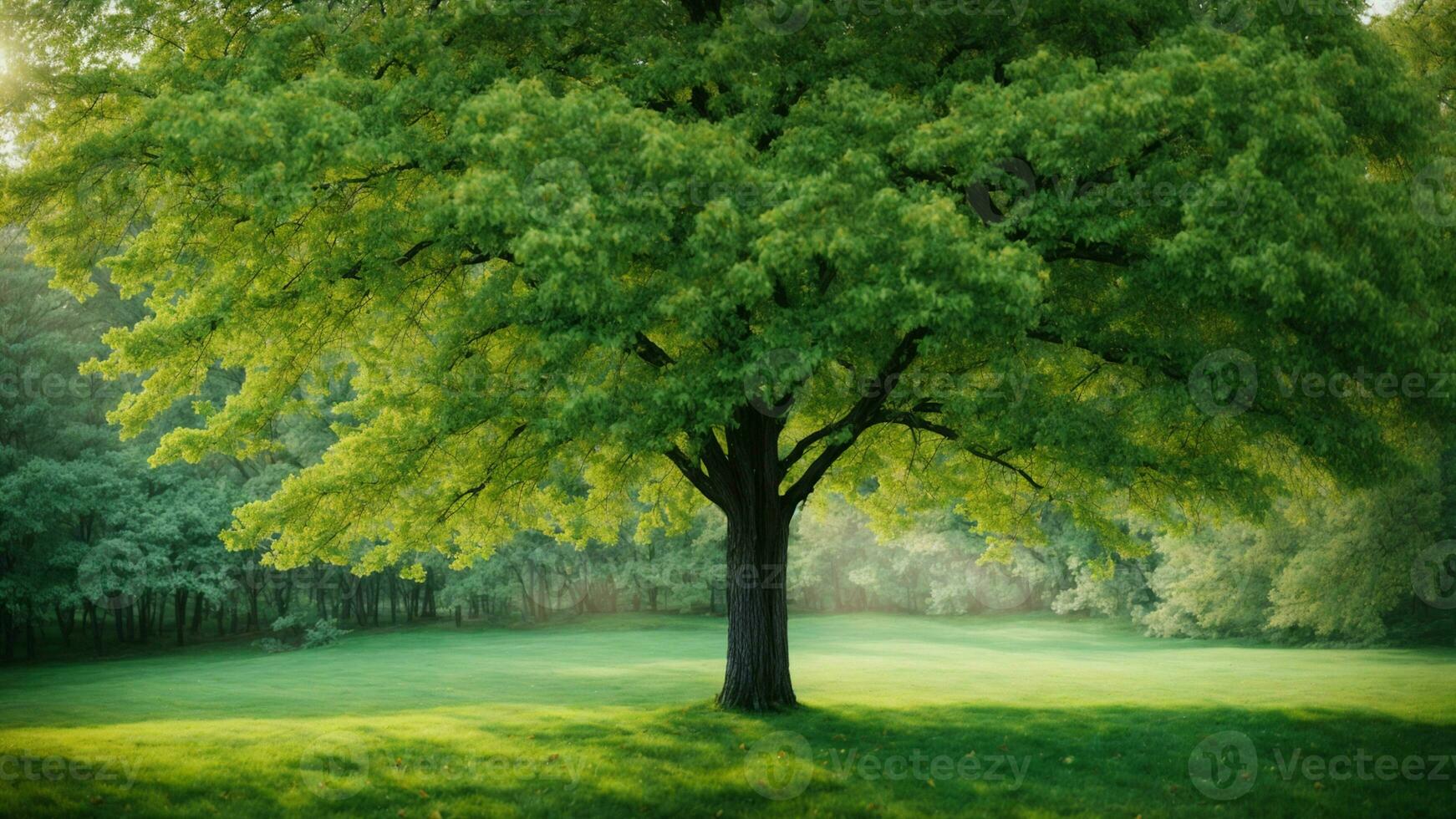 AI generated Delve into the seasonal changes that affect the absolute green tree, elucidating the nuances of its appearance during spring, summer, autumn, and winter. photo