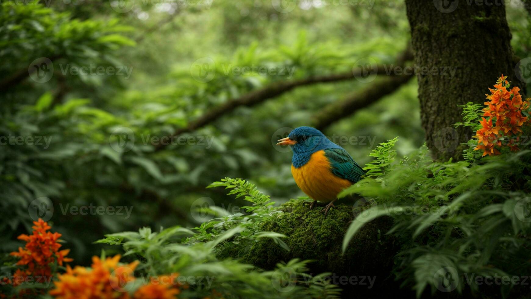 AI generated Illustrate the symbiotic relationship between a specific species of colorful bird and a rare type of tree in this lush green environment. photo