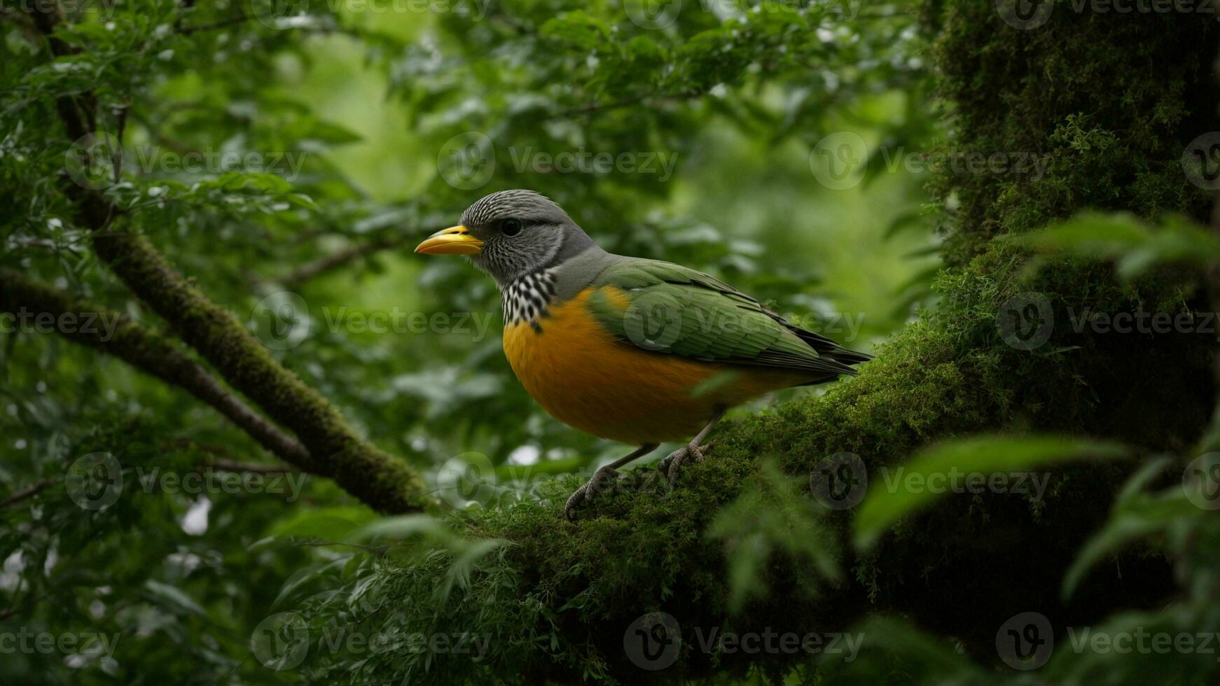 AI generated Analyze the physiological adaptations of the birds in the absolute green tree environment, focusing on aspects such as beak shape, feather structure, and nesting habits. photo