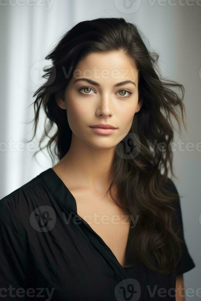 AI generated a boho girl adorned in a palette of white, black, sand, light gray, silver, and gold photo