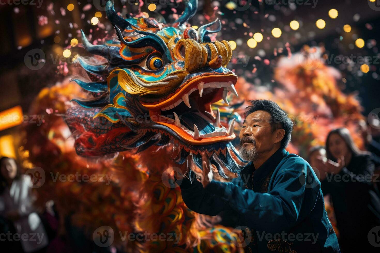 AI generated Chinese new year celebration, with Chinese peoples with Dragon costume ai created photo