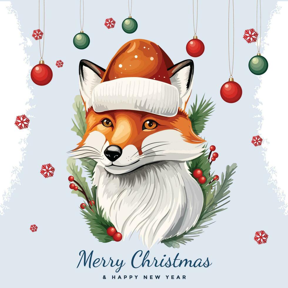 Merry Christmas And Happy New Year Card With Fox And Christmas Background vector