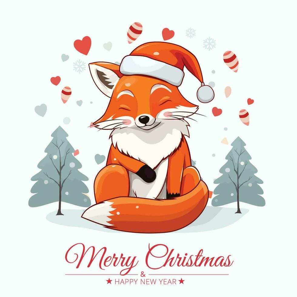 Merry Christmas And Happy New Year Card With Cute Fox And Winter Background vector