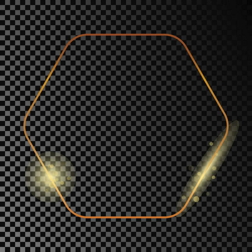 Gold glowing rounded hexagon frame isolated on dark background. Shiny frame with glowing effects. Vector illustration.
