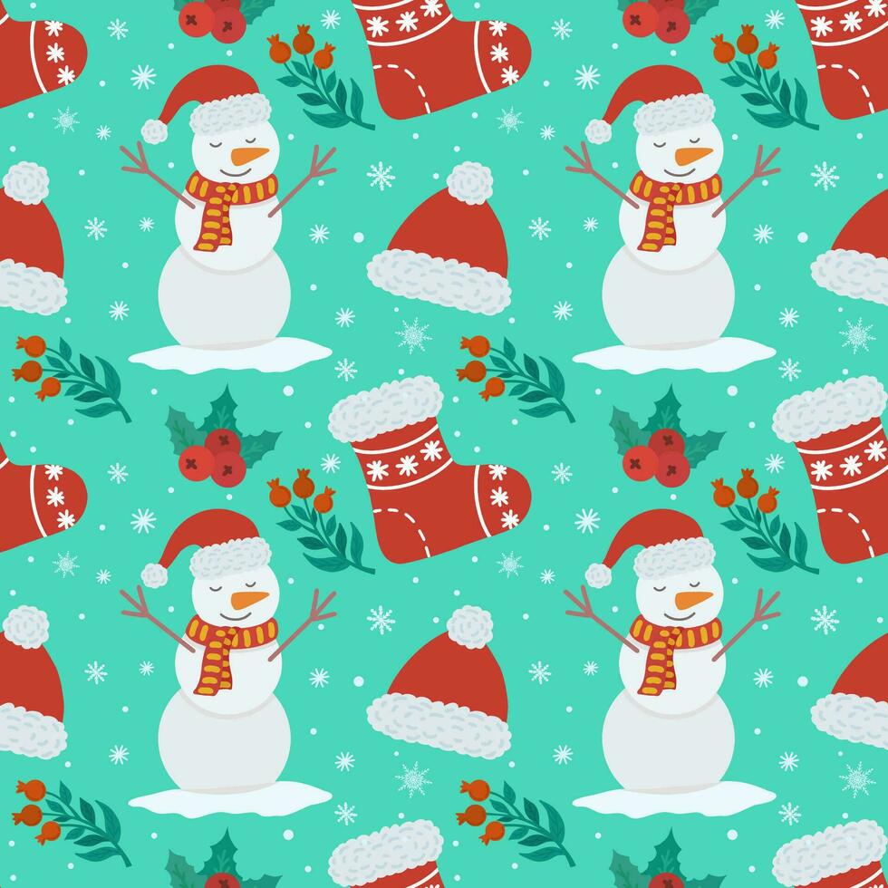 Vector seamless background with snowman,red hat,red sock and winter berries.   Illustration of a winter New Year is card.Festive background. Design for wallpaper, wrapping paper, gifts, greeting cards