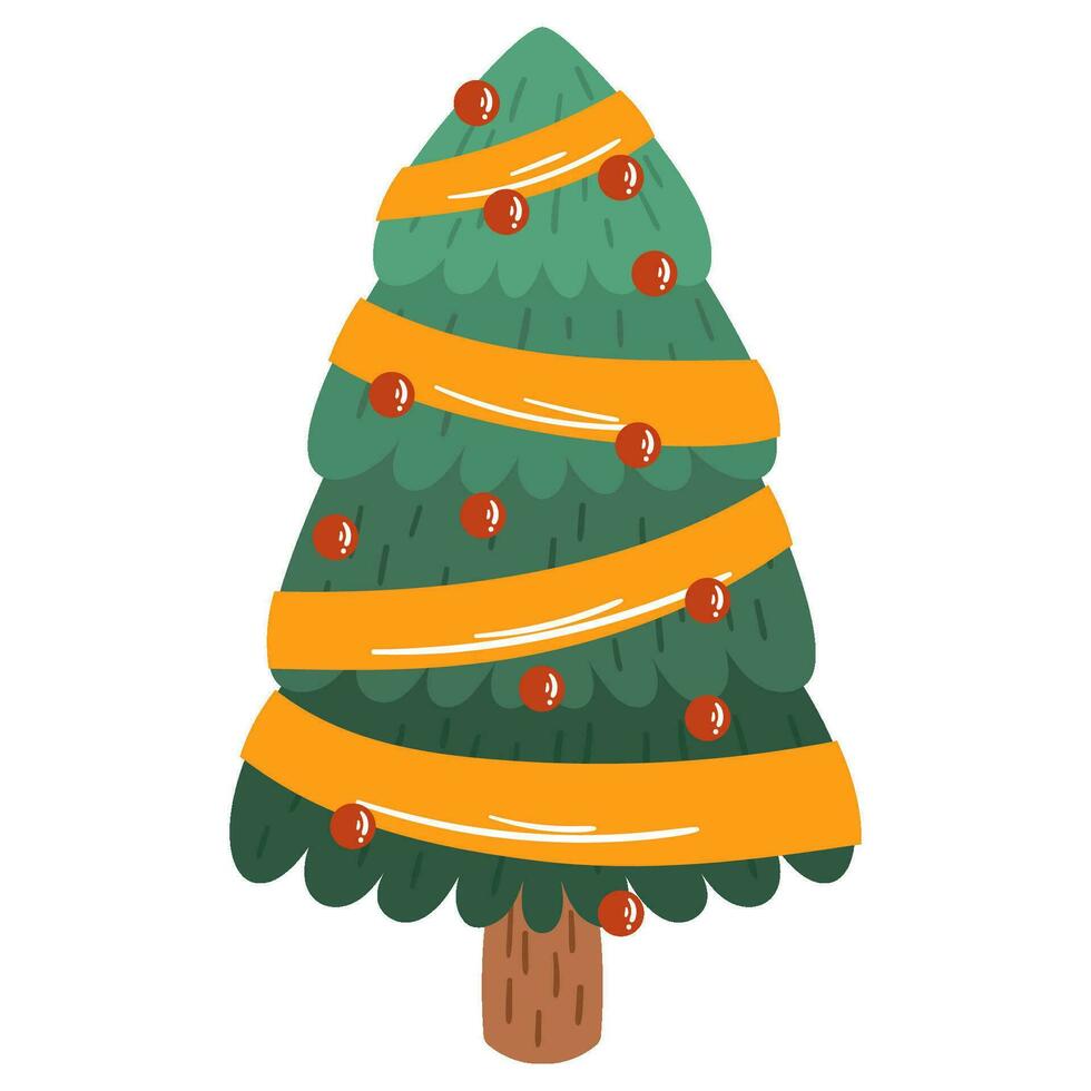 Christmas tree. Decorated pine and fir with light garland, balls and ribbons. vector