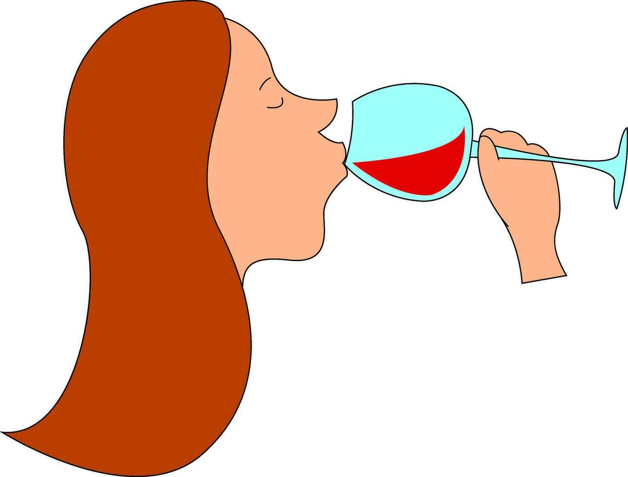 Clipart of the face of a young woman enjoying red wine, vector or color illustration