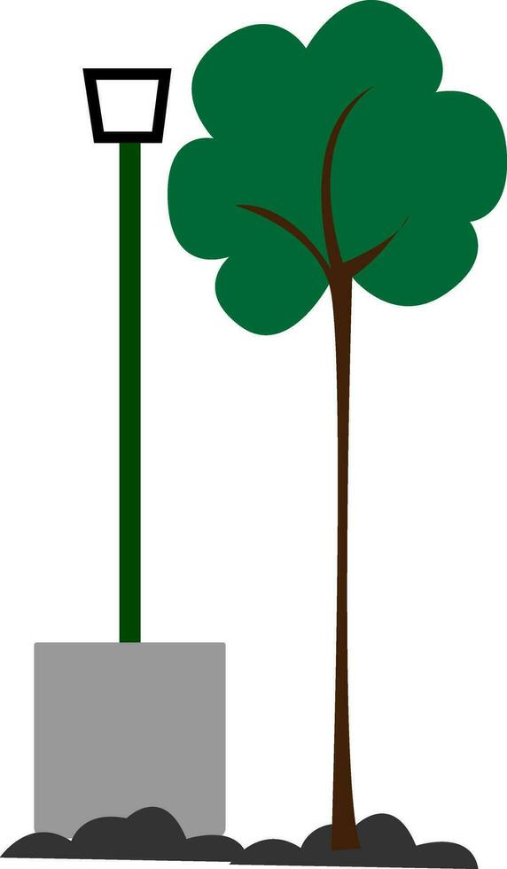 Clipart of the long shovel and the green tree, vector or color illustration