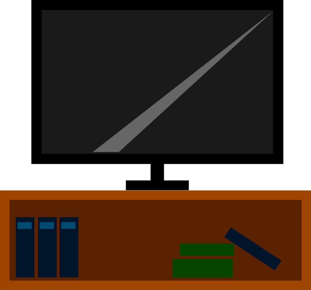 Clipart of the smart TV mounted on the wooden cabinet stand, vector or color illustration