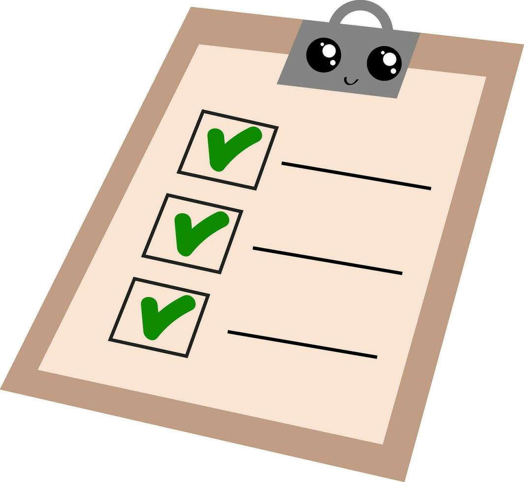 Emoji of the smiling writing pad with the green ticked to-do-list, vector or color illustration